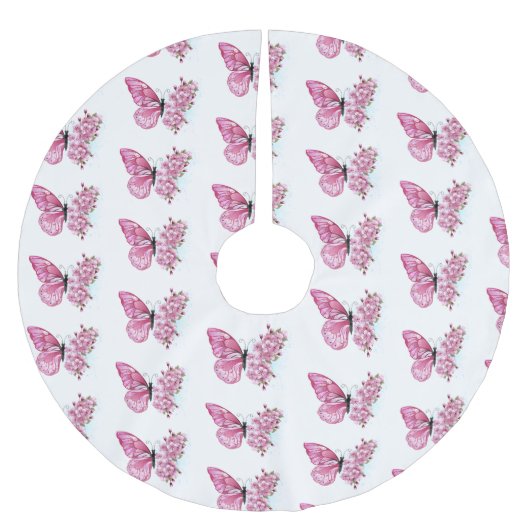 花蝶とピンク桜 ブラッシュドポリエステルツリースカート (正面)