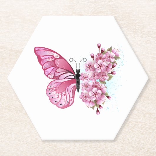 花蝶とピンク桜 ペーパーコースター (正面)