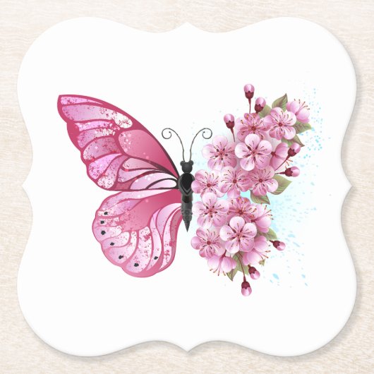 花蝶とピンク桜 ペーパーコースター (正面)