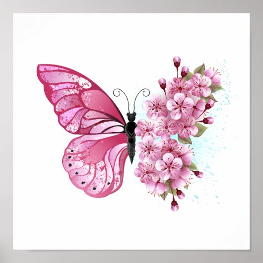 花蝶とピンク桜 ポスター (正面)