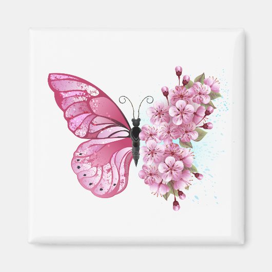 花蝶とピンク桜 マグネット (正面)