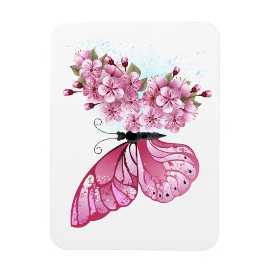 花蝶とピンク桜 マグネット (縦)