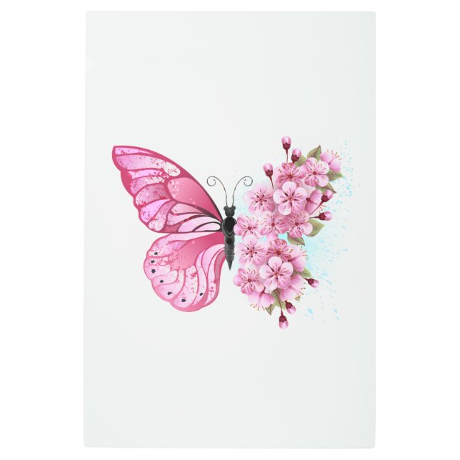 花蝶とピンク桜 メタルプリント (正面)