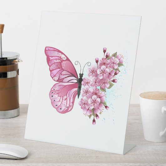 花蝶とピンク桜 台座サイン (インサイチュ)