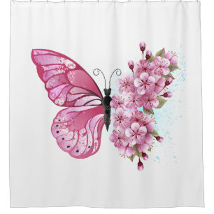 花蝶ピンク桜 シャワーカーテン