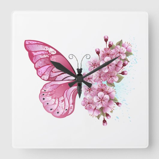 花蝶ピンク桜 スクエア壁時計 (正面)