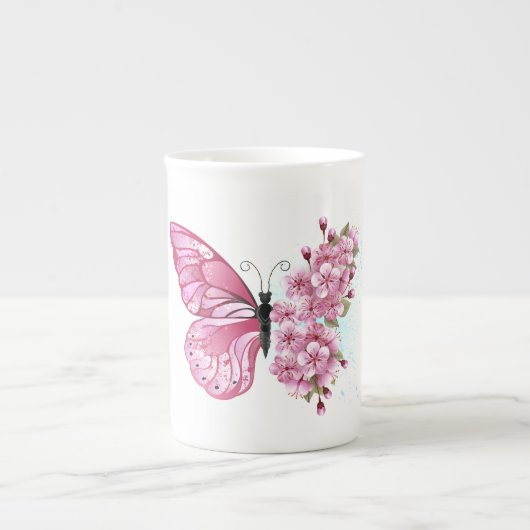 花蝶ピンク桜 ボーンチャイナマグカップ (正面)