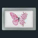 花蝶ピンク桜 長方形ベルトバックル<br><div class="desc">白地にピンクのさくらんぼの花が咲く日本のピンクの蝶の生け花。</div>