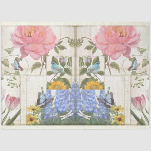 花襟ブルーピンク蝶の鳥のデコパージュ 薄葉紙 (正面)