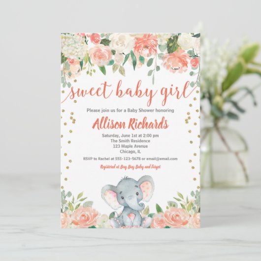 花象の女の子のベビーシャワーのモモの珊瑚の緑 招待状 (スタンド正面)