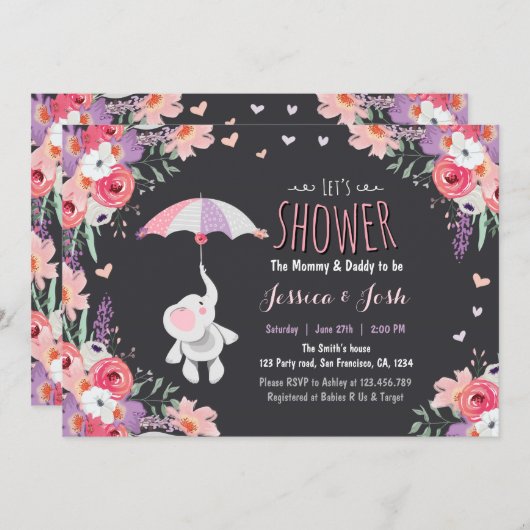 花象の招待状のベビーシャワーの女の子のピンク 招待状 (正面/裏面)