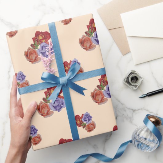 花赤いバラとバラ芽フローラ ラッピングペーパー (ギフト)