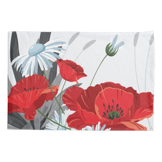 花赤と白デイジーとケシ 枕カバー (裏面-左)