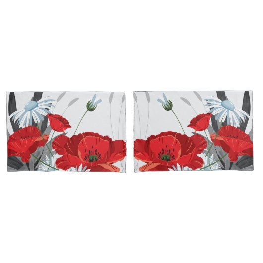 花赤と白デイジーとケシ 枕カバー (フロントセット)