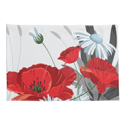 花赤と白デイジーとケシ 枕カバー (裏面-右)