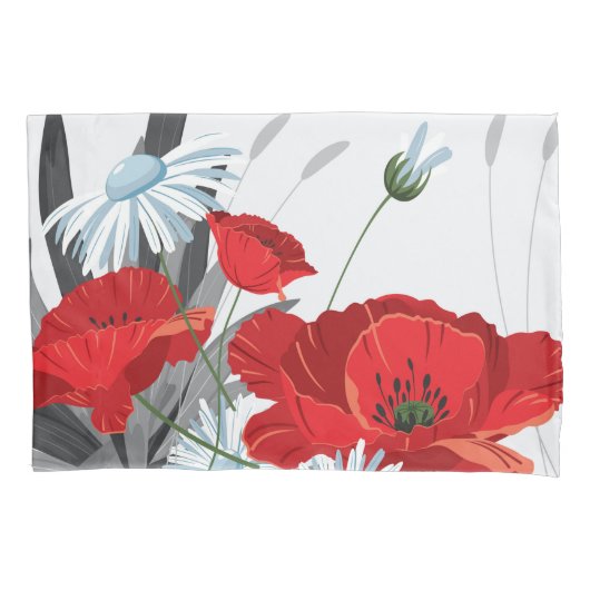 花赤と白デイジーとケシ 枕カバー (正面左)