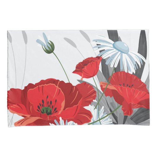 花赤と白デイジーとケシ 枕カバー (正面右)