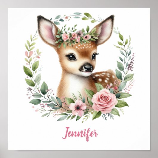 花輪を持つピンクの赤ちゃん鹿 ポスター (正面)
