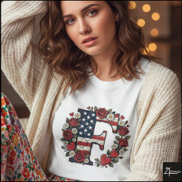 花輪モノグラムのFの文字とバラ Tシャツ