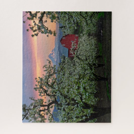 花開く梨の果樹園と山フードの近く ジグソーパズル (縦)