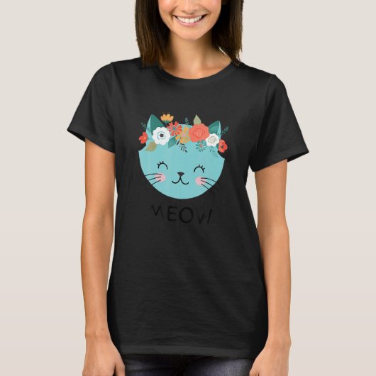 花頭付き猫リースフローラ猫輪郭 Tシャツ (正面)
