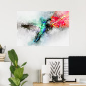 花飛んでいる付きハミングバード水彩 – 01 ポスター (ホームオフィス)