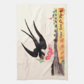 花飛んでいる付き鳥 キッチンタオル (縦)