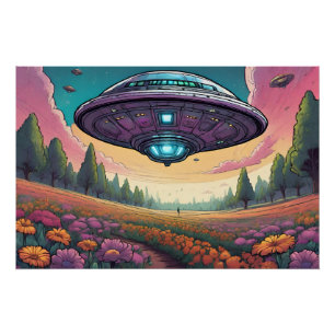 花飛んでいる畑の風景を越えたUFO ポスター