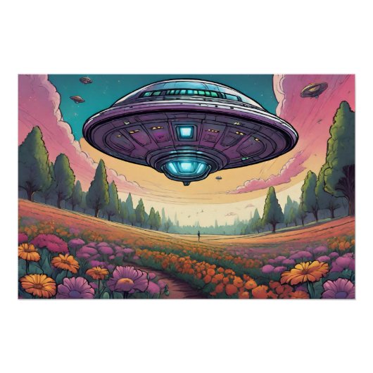 花飛んでいる畑の風景を越えたUFO ポスター (正面)
