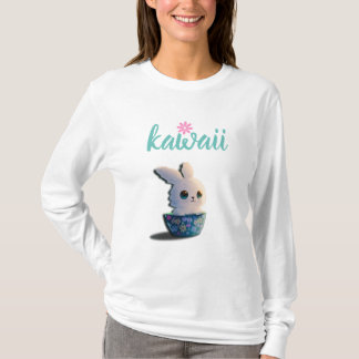 花飾りのある器の中の可愛らしいウサギ Tシャツ