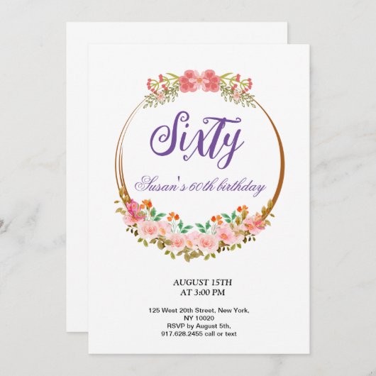 花飾付き誕生日パーティー招待状 サンキューカード (正面/裏面)