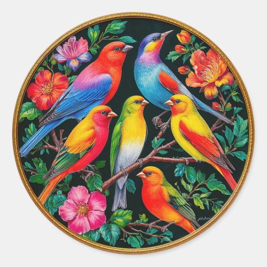 花鮮やかの枝に止まる鳥 ラウンドシール (正面)