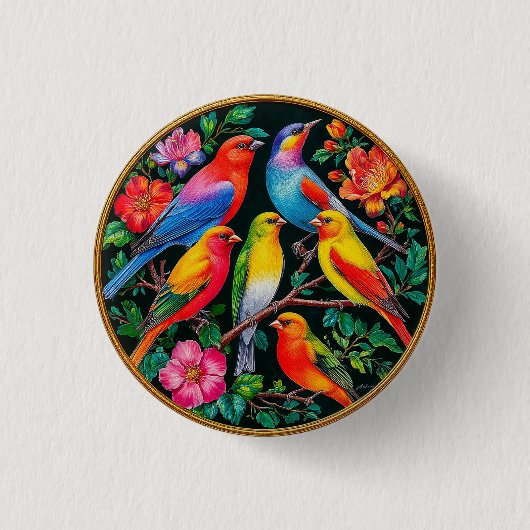 花鮮やかの枝に止まる鳥 缶バッジ (正面)