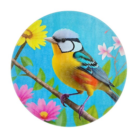 花鮮やかの枝に止まる鳴鳥 カッティングボード (正面)