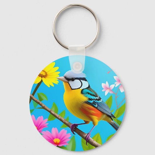 花鮮やかの枝に止まる鳴鳥 キーホルダー (正面)