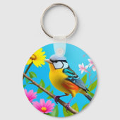 花鮮やかの枝に止まる鳴鳥 キーホルダー (裏面)
