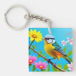 花鮮やかの枝に止まる鳴鳥 キーホルダー
