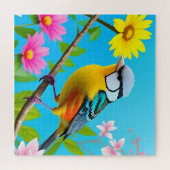 花鮮やかの枝に止まる鳴鳥 ジグソーパズル (横)