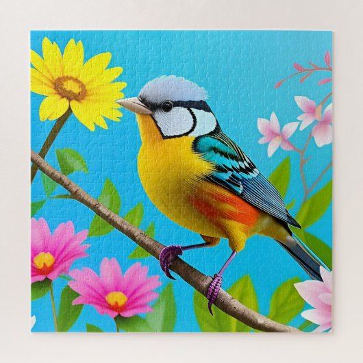 花鮮やかの枝に止まる鳴鳥 ジグソーパズル (縦)