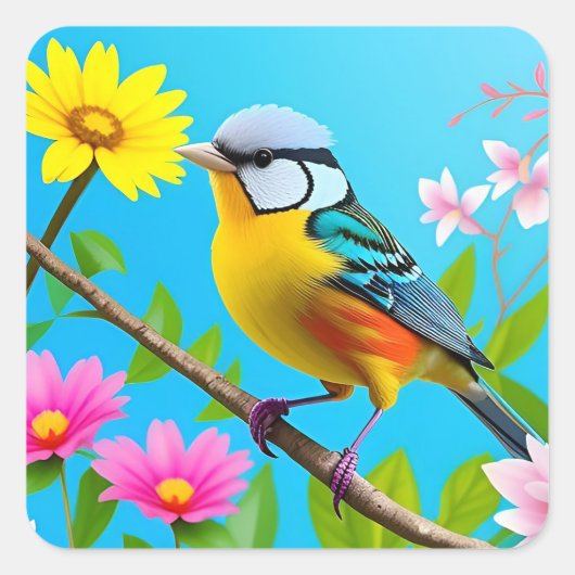 花鮮やかの枝に止まる鳴鳥 スクエアシール (正面)