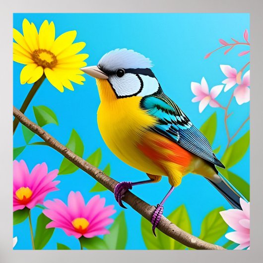 花鮮やかの枝に止まる鳴鳥 ポスター (正面)