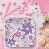 花鮮やか柄パープルピンクブルー花 ペーパープレート (パーティー)