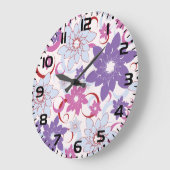 花鮮やか柄パープルピンクブルー花 ラージ壁時計 (傾斜)