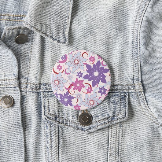 花鮮やか柄パープルピンクブルー花 缶バッジ
