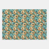 花鮮やか模様はっきりしたティール(緑がかった色)ターコイズ ラッピングペーパーシート (正面3)