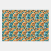 花鮮やか模様はっきりしたティール(緑がかった色)ターコイズ ラッピングペーパーシート (正面)