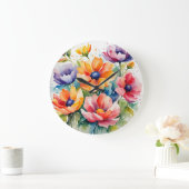 花鮮やか水色の花 ラージ壁時計 (ホーム)