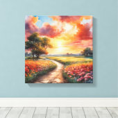 花鮮やか畑を抜ける夕日の道 キャンバスプリント (インサイチュ (ウッドフロア))
