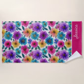 花鮮やか花水彩フローラ名 ビーチタオル (正面)