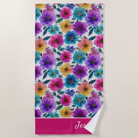 花鮮やか花水彩フローラ名 ビーチタオル (正面)
